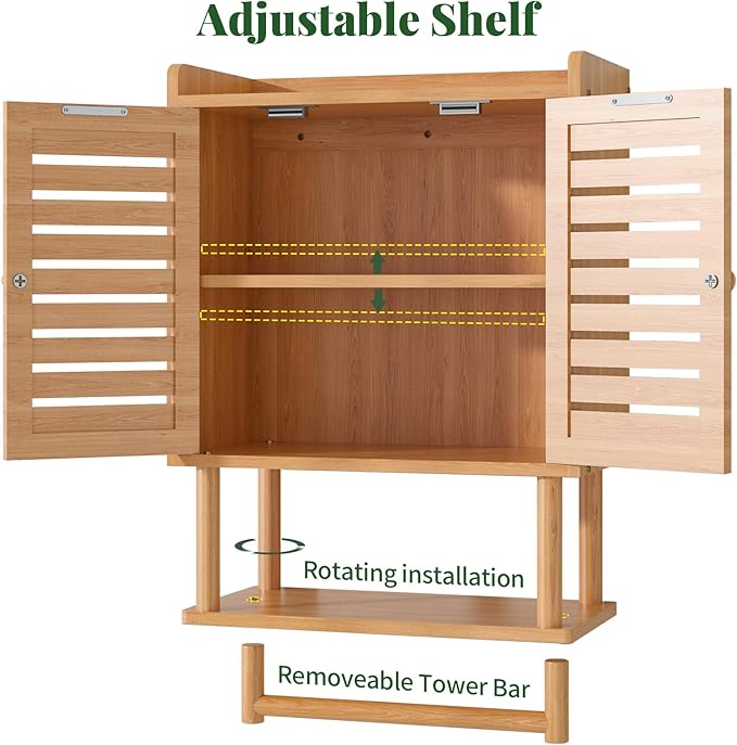 Bathroom Wall Cabinet, Over The Toilet Storage Cabinet with Adjustable Shelves, Medicine Cabinets with Towel Bar, Bamboo Wall Mounted Hanging Cabinet with 2 Door for Laundry Room, Bedroom