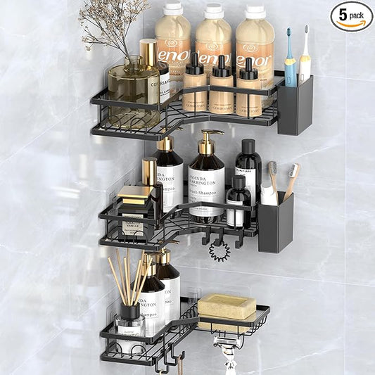Sitlais Corner Shower Caddy – 5-Pack Rustproof Metal Wall Mounted Shelves with 2 Storage Boxes & 18 Hooks, Adhesive Shower Organizer, Bathroom Corner Shelf, No-Drill, Space-Saving, Durable Black