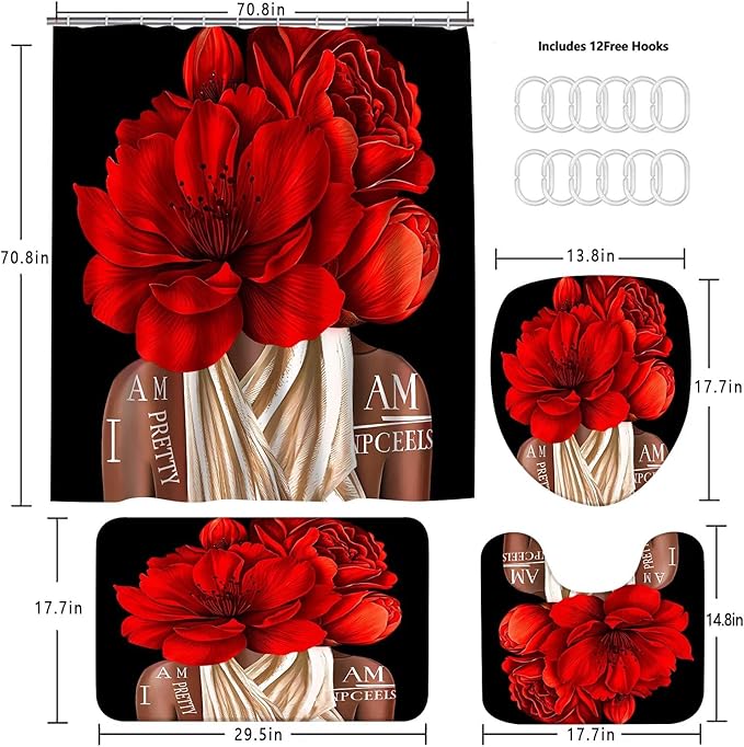 Yddsky 4 Pcs Valentines Red Girl Shower Curtain Sets African American Woman Rose Floral Quotes Non-Slip Rugs Bath Mat Toilet Cover U Shaped Mat Shower Curtain with 12 Hooks Bathroom Set