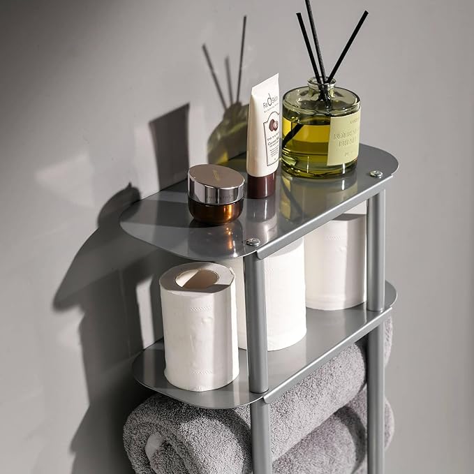 simpletome Towel Racks for Bathroom Storage Shower Organizer 31 inch Wall Mounted with Shelves Can Holds 6 Large Towels Thickened Carbon Steel (Silver Grey)