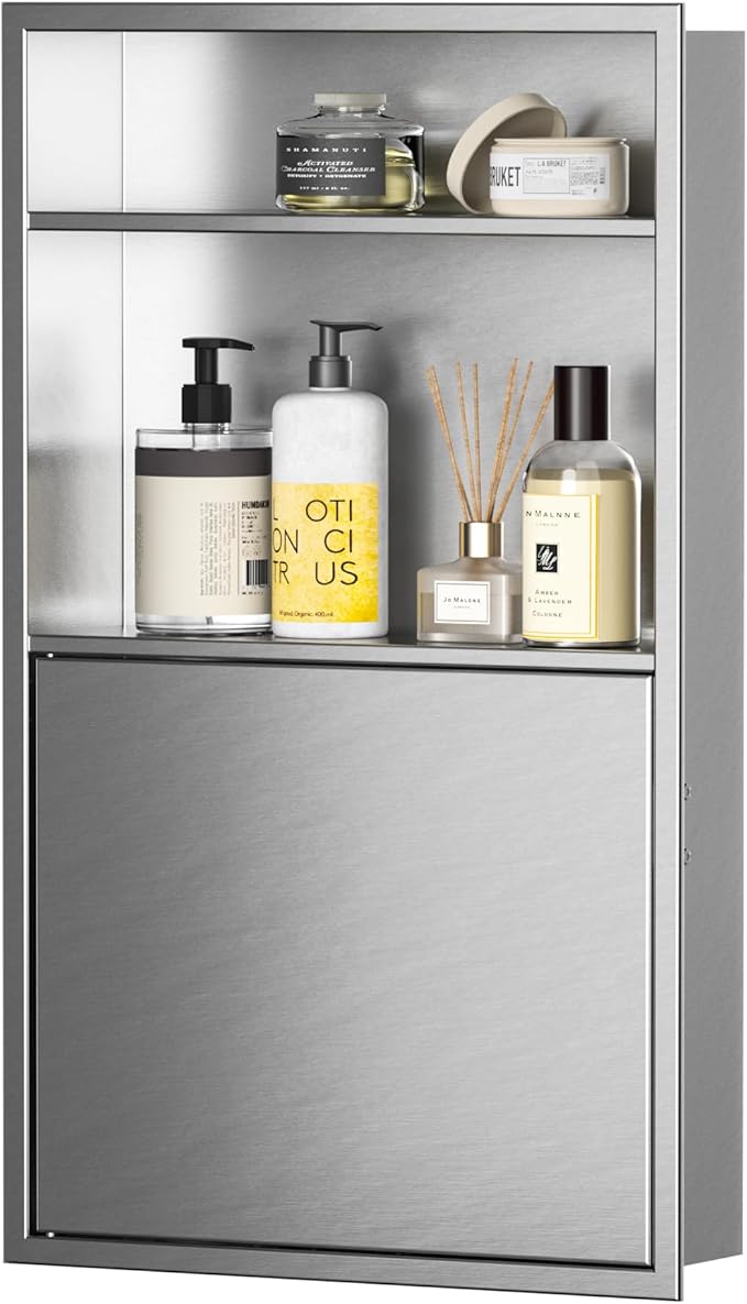 Recessed Medicine Cabinet with Door 24" X 14" Brushed Wall Medicine Cabinets with 3-Tier Shelf 304 Stainless Steel Niche Shower for Bathroom Storage