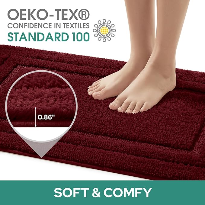 HOMEIDEAS Bathroom Rugs Sets 3 Piece, Super Soft and Absorbent Non Slip Microfiber Toilet Bath Mat with U-Shaped (Burgundy Red)