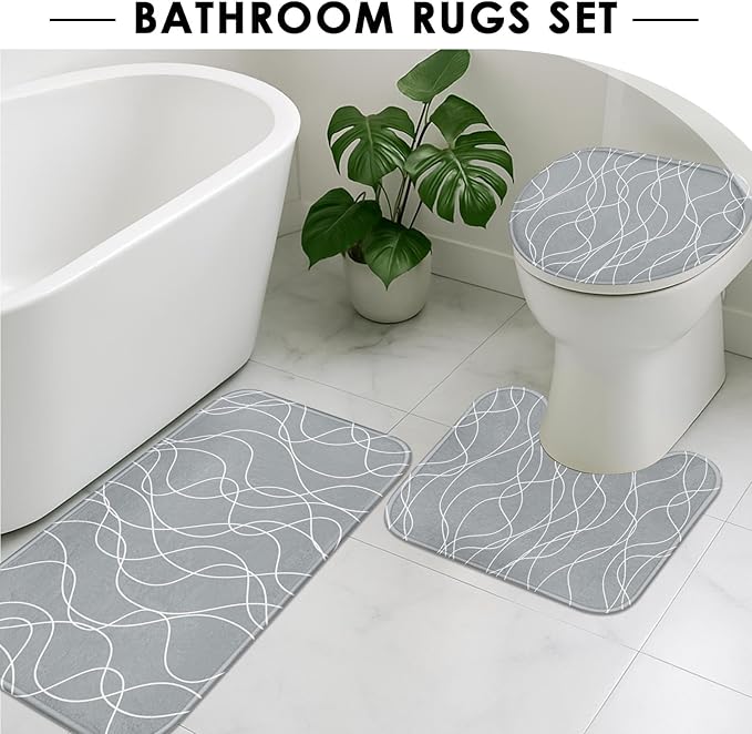 Grey Shower Curtain Set with Toilet Lid Cover and Non-Slip Rugs, White Striped Wavy Lines 4 Pcs Shower Curtain for Bathroom, Gray Modern Simple Abstract Bathroom Decor