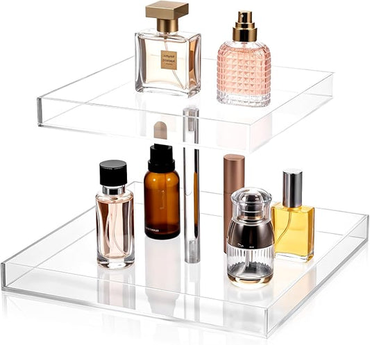 2-Tier Acrylic Perfume Organizer Clear Cosmetic Storage Tray for Dresser & Countertop Sturdy Perfume Display Stand with Non-Slip Base, Multi-Purpose Makeup Jewelry Holder