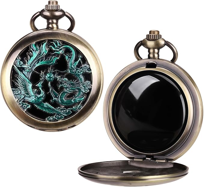 ManChDa Scrying Mirror Black Obsidian Mirror Lucky Dragon & Phoenix Pocket Watch Shell Witchcraft Kit Wiccan Supplies and Tools Witchy Gifts, Bronze Blue