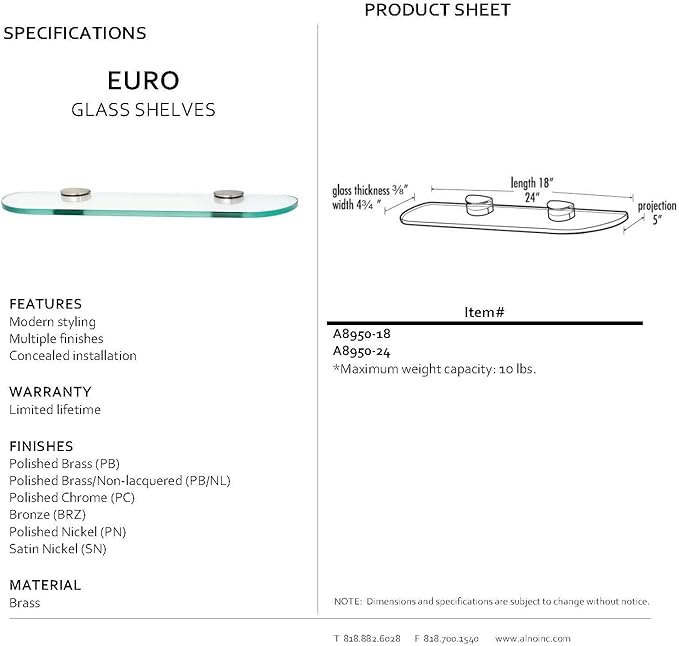 Alno A8950-24-PB Modern Euro Glass Shelf with Brackets, Polished Brass