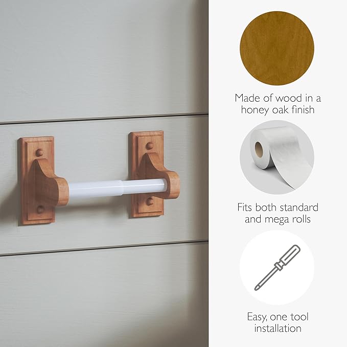 Design House Dalton Toilet Paper Holder, Fits Mega Rolls, Standard Wall Mount, Easy Installation, Wood, Honey Oak, 6.14 in W x 3.62 in H x 5 in L, Item 561209