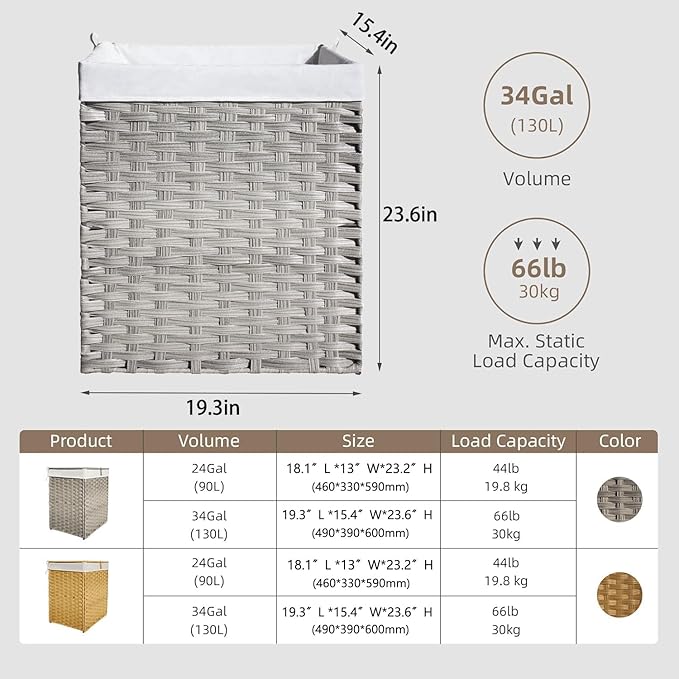 Wicker Laundry Hamper with Lid,130L (34Gal) Foldable Laundry Basket with Removable,Machine Washable 2-Section Liner and Handles,Gray Rattan Hamper for Organization and Storage