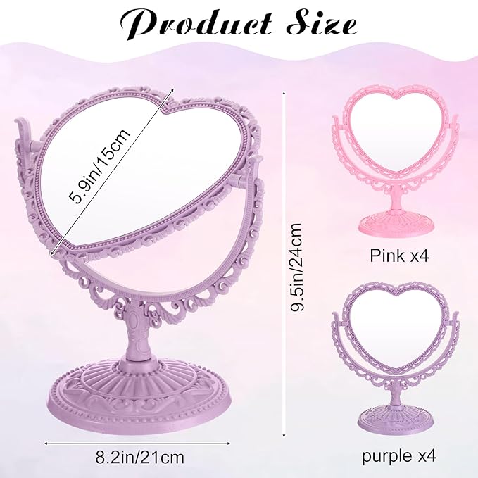 Lineshading 8 Pcs Heart Mirror Purple Pink Heart Shaped Mirror Spa Party Supplies for Girls Makeup Spa Birthday Party Favors