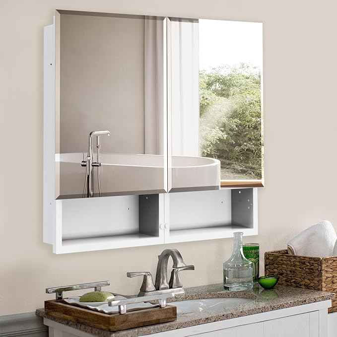 32 x 26 Inches Bathroom Medicine Cabinet with Mirror, Double Door Bathroom Mirror Cabinet, Surface or Recessed Mount White Storage Cabinet, Frameless Beveled Edge Wall Mounted Mirror Cabinet