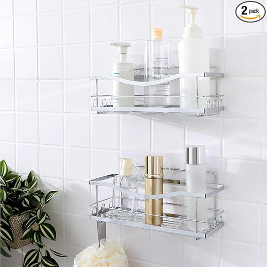KINCMAX Iron Shower Caddies - Self Adhesive Bathroom Shelves for Showers - Wall Organizer Shampoo Holder Shelf - Peel and Stick On Caddy Bath Tub Rack - Pack of 2 Holders - Silver