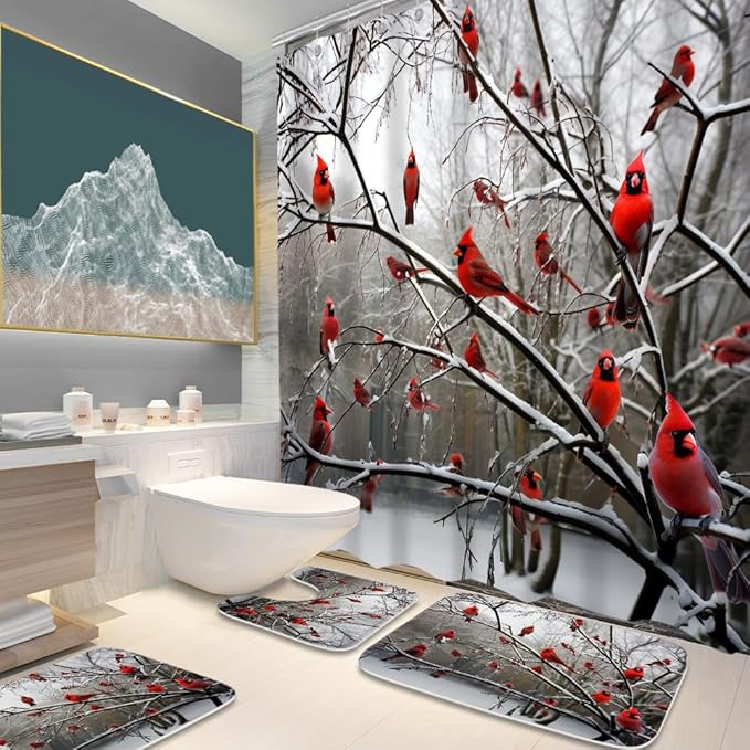 Forest Tree Cute Cardinal Birds on Branch Bathroom Sets with Shower Curtain 72Wx72H and Rugs and Accessories Decor with Bath Mat, U-Shaped Contour Velvet Washable 20 x 31 inches Red White and Brown