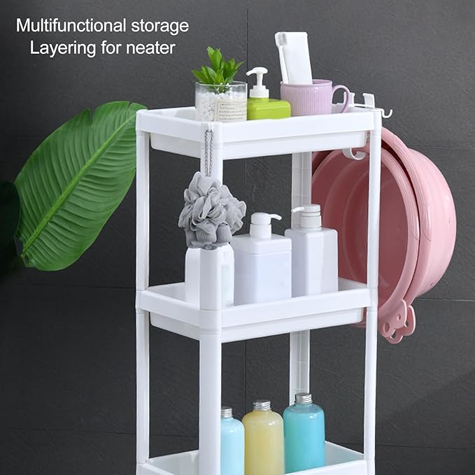 Narrow Freestanding Bathroom Shelf, Space Saving Storage Rack White Laundry Shelf for Bathroom Laundry Room Kitchen Bedroom Compact Areas (3 Layers (with Wheels))