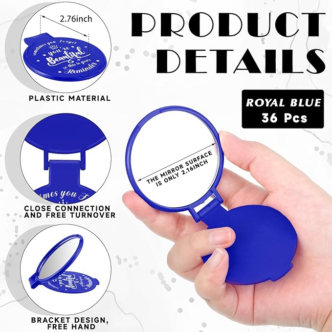 36 Pcs 2.76 Inch Inspirational Compact Mirror Bulk Women Small Gifts Graduation Party Favors Purse Mirror Pocket Mini Stuffer Items for Adult Coworker Cheerleader Employee (Blue)