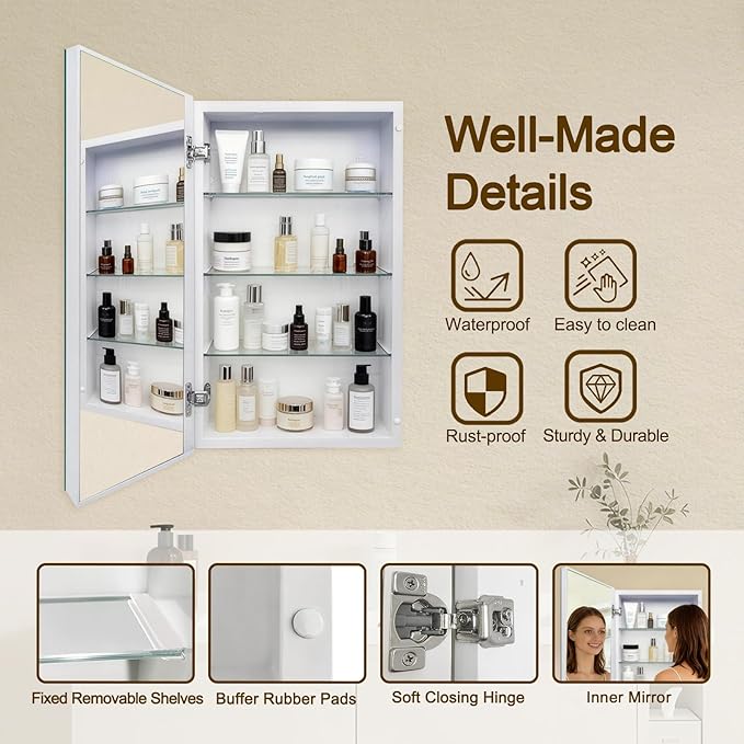16x26 Bathroom Mirror with Storage,Recessed & Surface Mount Medicine Cabinet, Frameless Bathroom Cabinet with Mirror, Wall Mounted Mirror Cabinet for Bathroom, Modern Sleek Design
