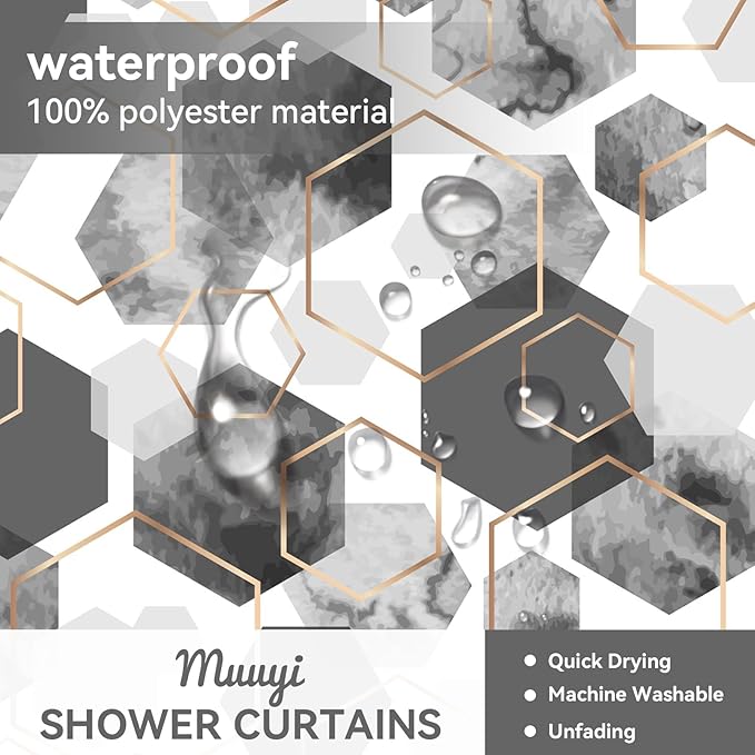 Muuyi 4Pcs Gray White Geometric Shower Curtain Set, Neutral Modern Art Deco Shower Curtain with Hooks, Elegant Trendy Simple Bathroom Sets with Shower Curtain and Rugs, 71 * 71in