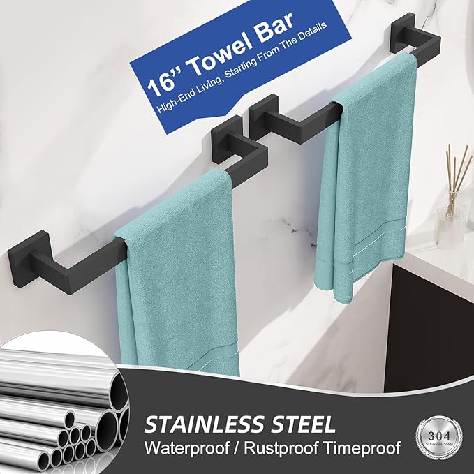10-Pieces Bathroom Hardware Set Matte Black Bathroom Accessories Set SUS304 Towel Bar Set Includes 2 Towel Bar 16 Inch+2 Towel Holder+2 Toilet Paper Holder+4 Towel Hooks(10, Matte Black)