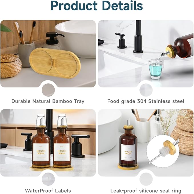 2PCS Amber Glass Mouthwash Dispenser for Bathroom Countertop – 14oz/410ml Refillable Mouthwash Bottle with Stainless Steel Pour Spout & Bamboo Tray, Modern Decor for Office, Airbnb, Gym (Amber)