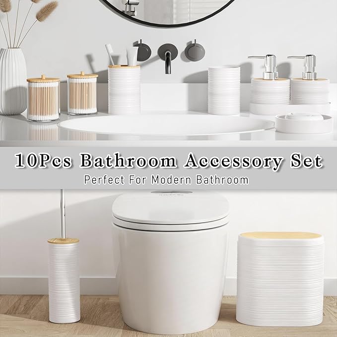 XLHOMO White Bathroom Set - 10PC Bathroom Accessories Set, Luxury Bathroom Accessory Set with Trash Can,Toilet Brush & 2 PC Soap Dispensers for Apartment Decor and Housewarming