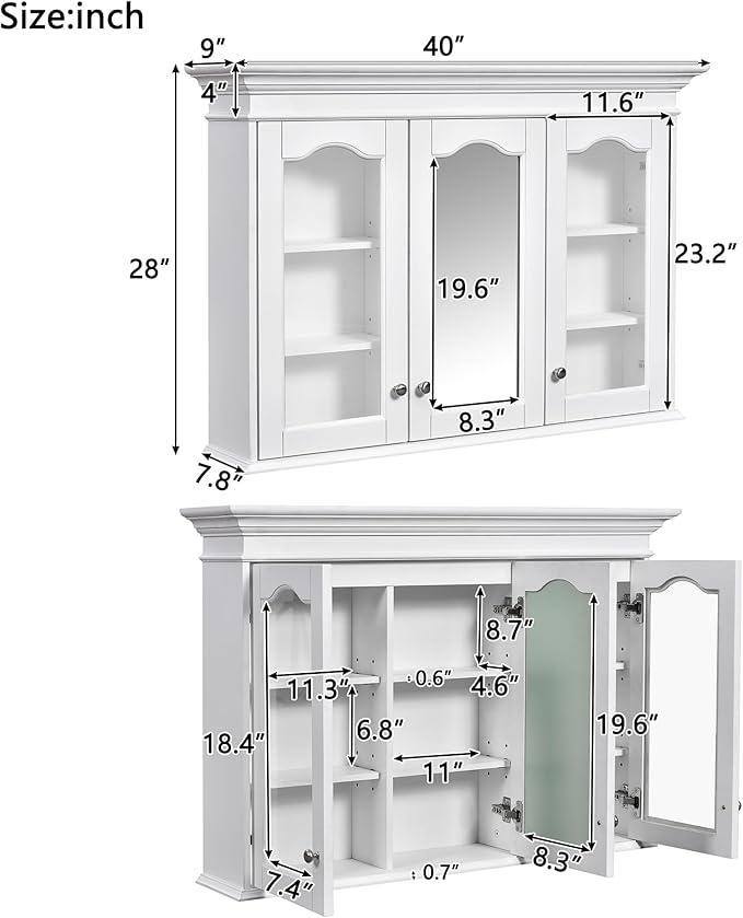 Merax Wall Mounted Bathroom Medicine Cabinet with Mirror, 40" x 28" Bathroom Wall Cabinet with Storage, Glass Doors and Adjustable Shelves, Mirrored Door Over The Toilet Storage Cabinet