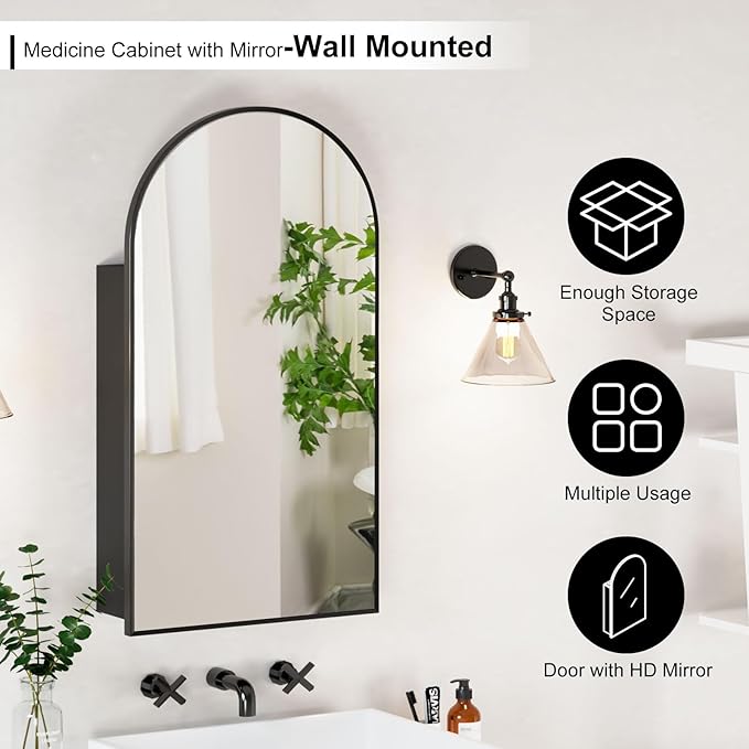20x36 Black Arched Medicine Cabinet with Mirror, Wall Mounted Only,Arch Brushed Black Medicine Cabinet Surface Mount,Bathroom Mirror Cabinet for Bathroom