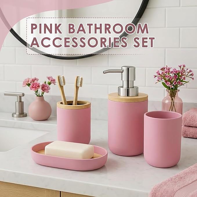 Pink Bathroom Decor and Accessories Set, Striped Shower Curtain and Rug Set with Trash Can, Soap Dispenser, Soap Dish, Toothbrush Holder, Toothbrush Cup, Toilet Brush