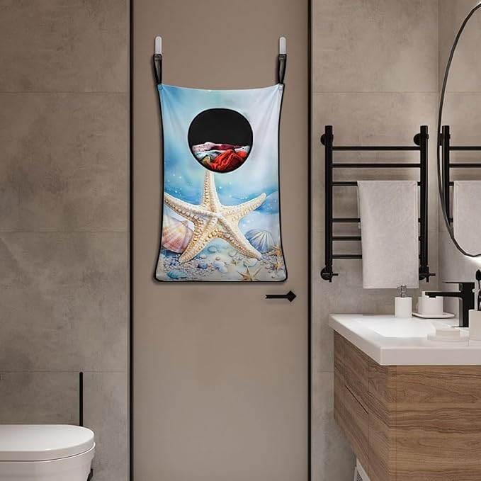 ZOUTAIRONG Beach Starfish Hanging Hamper for Dirty Clothes Over the Door Laundry Hamper Laundry Basket Hanging Shelf Closet Storage Organizer Hamper Blue Laundry Bag for Bedroom