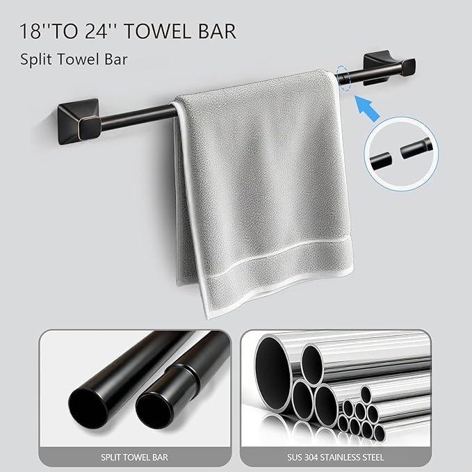 5-Piece Matte Black Bathroom Hardware Accessories Set, Stainless Steel Bathroom Towel Bar Set, 24 Inch Towel Bar, Towel Ring, Toilet Paper Holder, 2 Towel Hooks, Towel Racks for Bathroom Wall Mounted