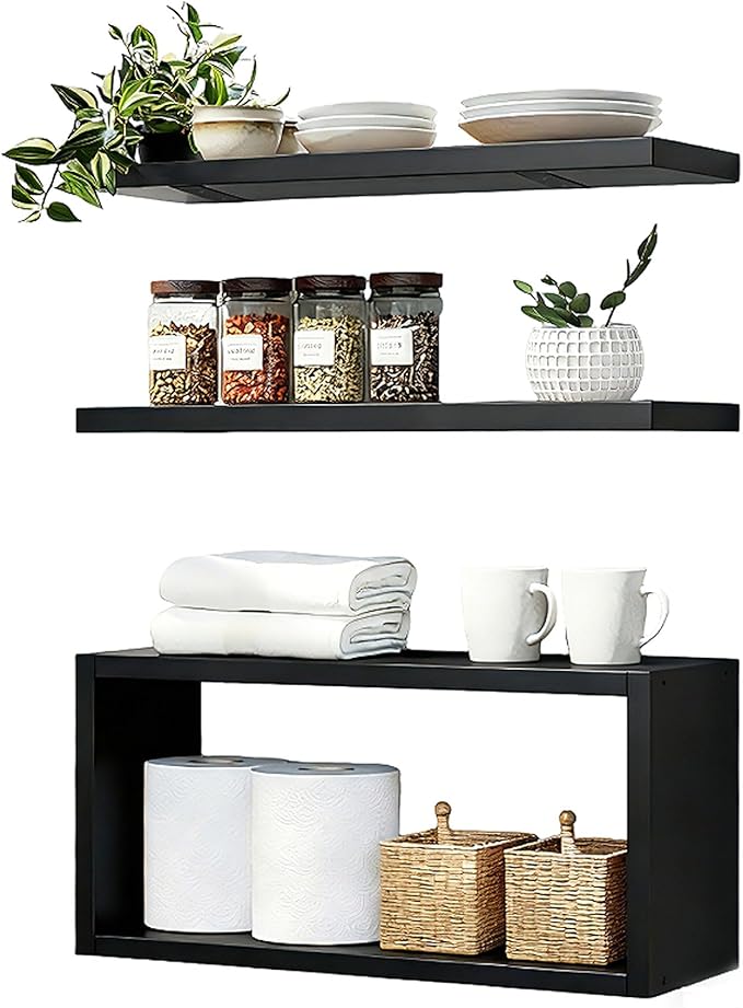 Wall Mounted Floating Shelf, c Long for Bedroom Living Room Kitchen Staircase Bathroom Above Toilet Wall Decoration Book Storage Room Recoration (3piece Set) Black