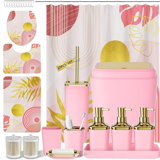 Bathroom Accessories Set - 27PC Bathroom Sets with Shower Curtain and Rugs, Pink Bathroom Set, Pink Bathroom Accessory Set with Trash Can, Toilet Brush & 3 PC Soap Dispensers