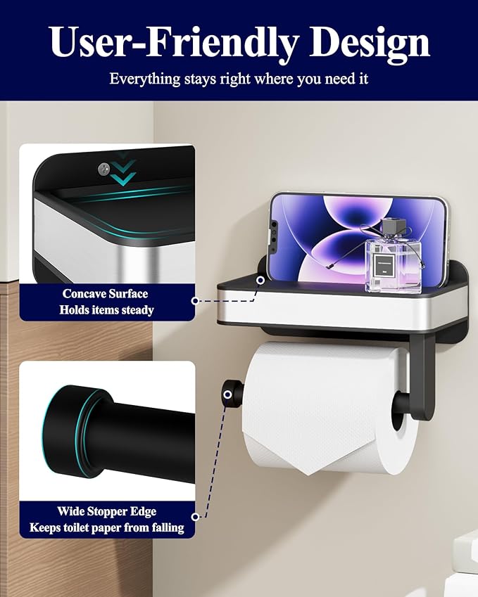 Kitsure Toilet Paper Holder with Shelf - Adhesive & Screw Wall Mount Toilet Paper Holder, Matte Black Design for Bathroom Decor, Space-Saving Toilet Paper Storage for Washroom, RV, Black, 6.9" W