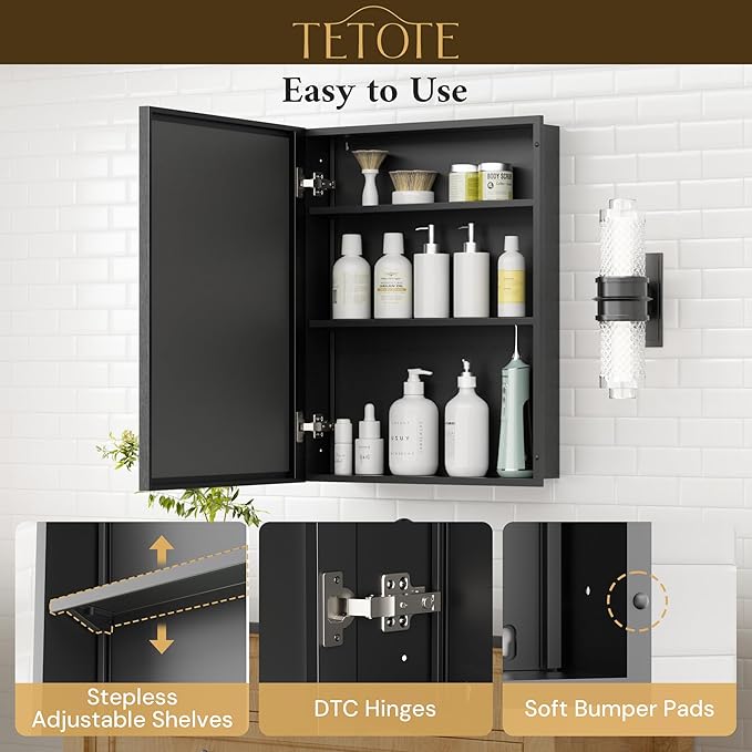 TETOTE 20" x 26" Recessed Medicine Cabinets Black Bathroom Storage with Mirror Beveled Edge Aluminum Frame Adjustable Shelves Wall-Mounted