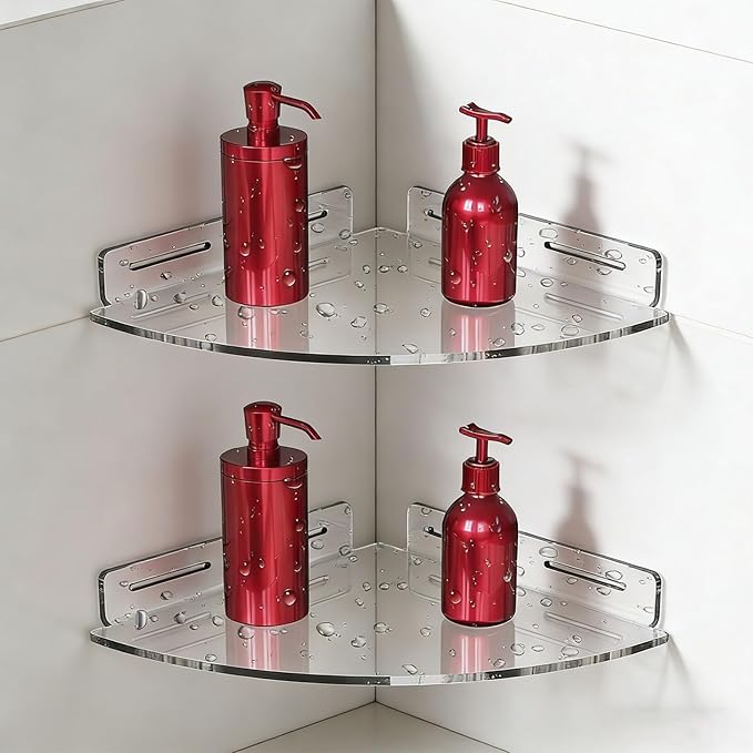 AUNMAS Acrylic Corner Floating Shelves, Strong Load Bearing No Drill Wall Mounted Bathroom Shelf for Bathroom Storage Organization (Transparent)