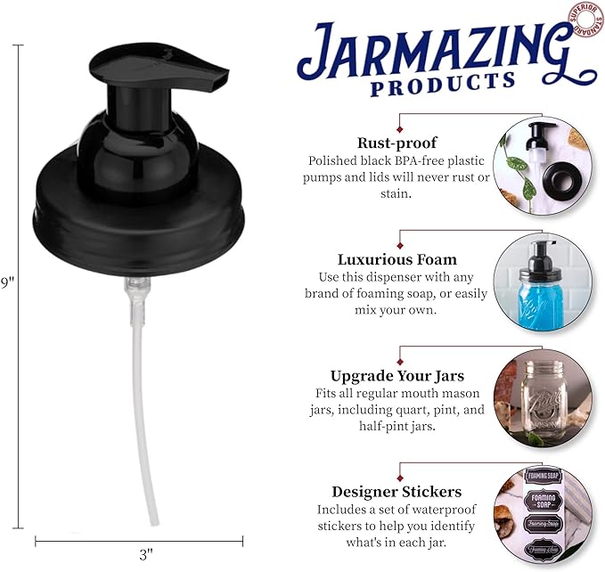 Jarmazing Products Mason Jar Foaming Soap Dispenser Lids - Includes Waterproof Stickers! Black - 1 Pack