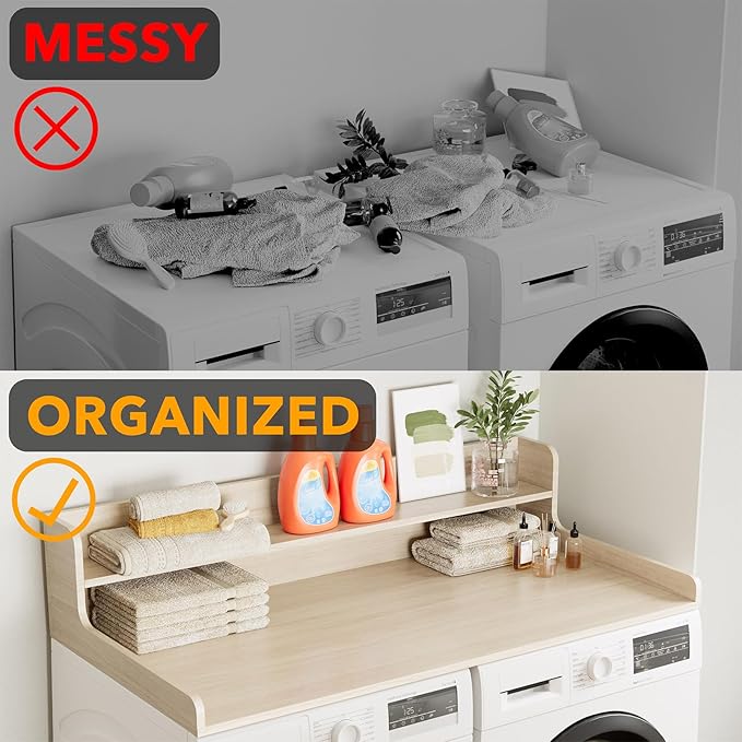 SpaceAid Washer Dryer Countertop with 2-Tier Shelf, Wood Topper with Edge, 54" Width x 27.5" Depth Cover Organizer Guard for Washer and Dryer Counter Laundry Hamper Storage (Oak)