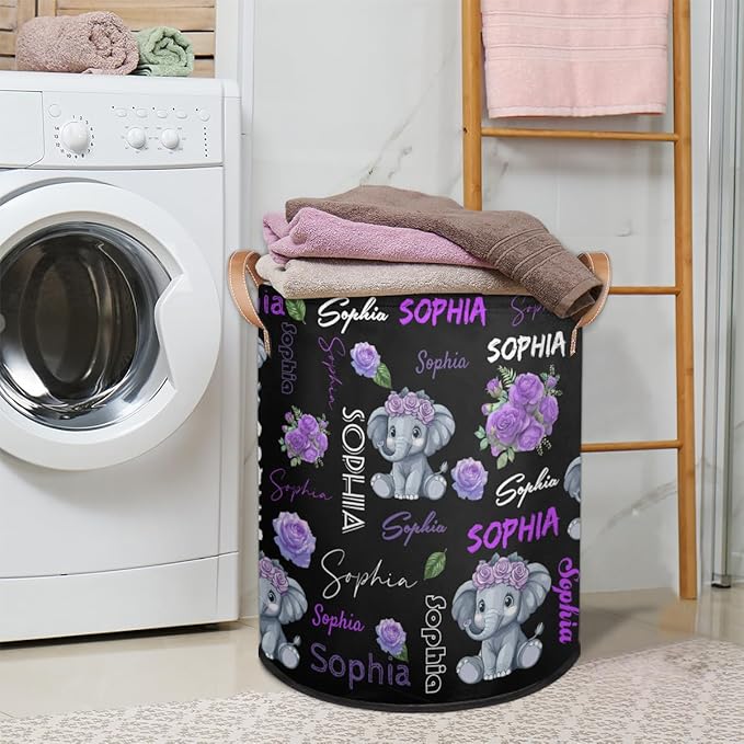 Custom Elephant Laundry Hamper, Personalized Laundry Baskets with Handles Dirty Clothes Hamper Storage Basket