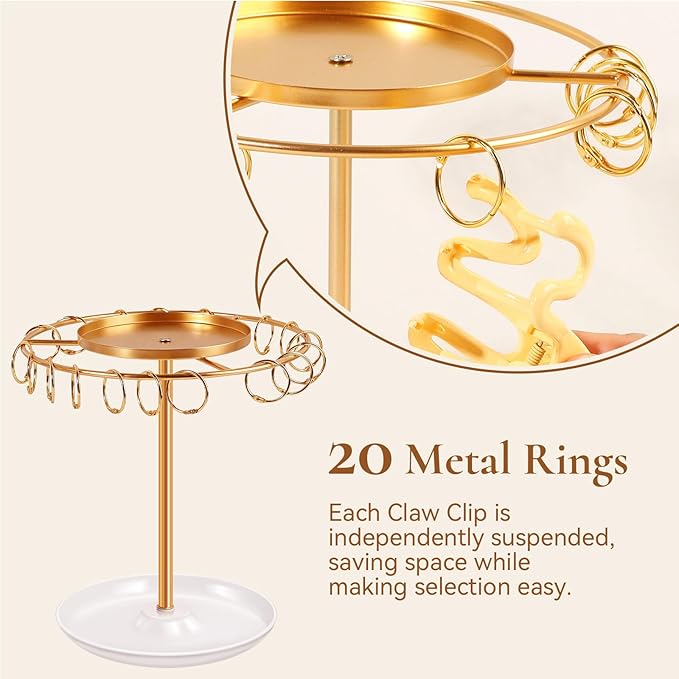 SNOWSTAR Claw Clip Organizer,Hair Clip Holder Stand with Tray, Hair Clip Storage Display Rack with 20 Golden Rings, Organizer Room Decor for Women and Girls