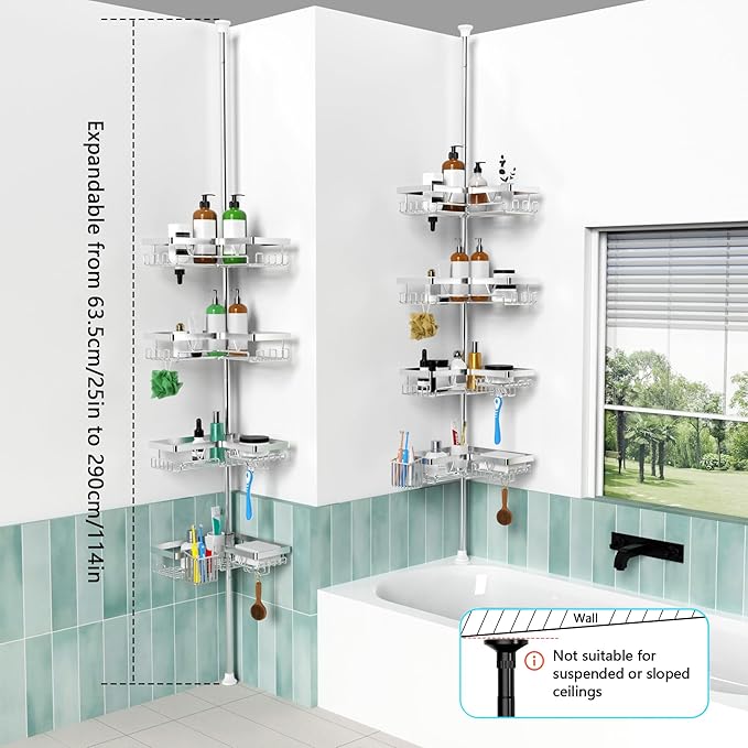 KEGII Shower Caddy Corner Tension Pole - Adjustable Corner Shower Organizer with Tooth Brush Holder, No Drilling Rustproof Bathroom Shelf Storage Rack, Fits 25-114.2 Inch, Silver