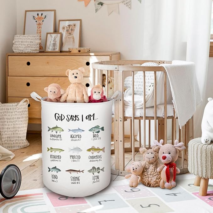 God Says I Am Fish Laundry Basket, Toybox for Boys Room, Christian Laundry Basket Hamper Waterproof Collapsible Clothes Toys Storage Bin Organizer for Bedroom Bathroom Kids Room Dorm