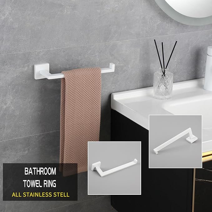 GERZWY Bathroom Towel Holder Stainless Steel Towel Hanger Towel Ring Wall Mount, White