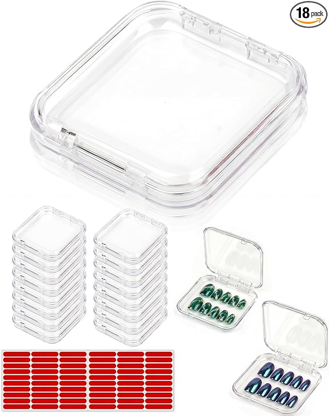 18PCS Press on Nail Packaging Case, False Nail Storage Boxs Container Holder with 60Pcs Adhesive Double
