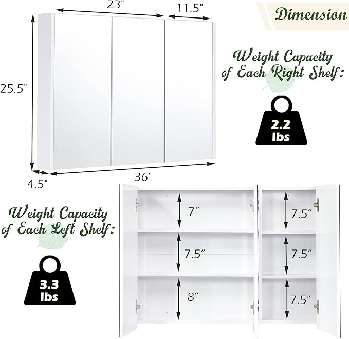 GLACER Large Mirrored Medicine Cabinet, Bathroom Wall Mounted Storage Cabinet with Triple Mirrored Doors, Ideal for Bathroom, Living Room, 36 x 4.5 x 25.5 inches (White)