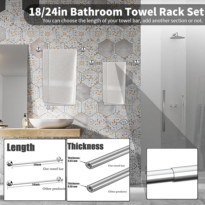 Newfun 8-Pieces 24 Inch Polished Chrome Bathroom Hardware Set, Bathroom Accessory Set, Includes 24" Adjustable Bath Towel Bar, Towel Rings Wall Mounted, Toilet Paper Holder, Robe Towel Hooks