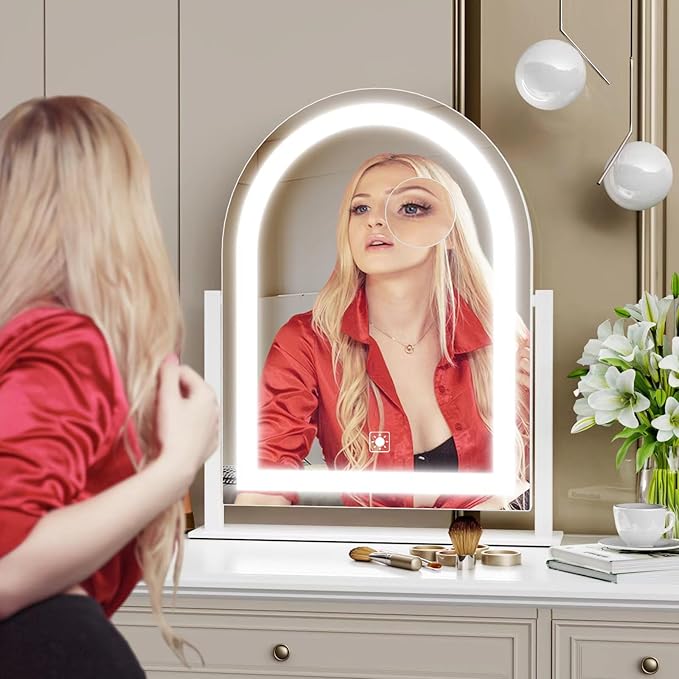 Gvnkvn Vanity Mirror with Lights, 15.2’’ LED Makeup Mirror Detachable 10X Magnification, Smart Touch Control, 3 Color Lighting Modes,360°Rotation Tabletop Make Up Mirror for Bedroom Bathroom(Curved)