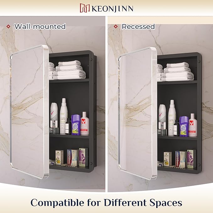 Keonjinn 60 x 32 Inch Large Chrome Medicine Cabinets, Recessed Bathroom Medicine Cabinet, Elegant Stainless Steel Framed, Sturdy & Heavy, Stepless Adjustable Shelves, DTC Hinges, Soft Closing, Modern