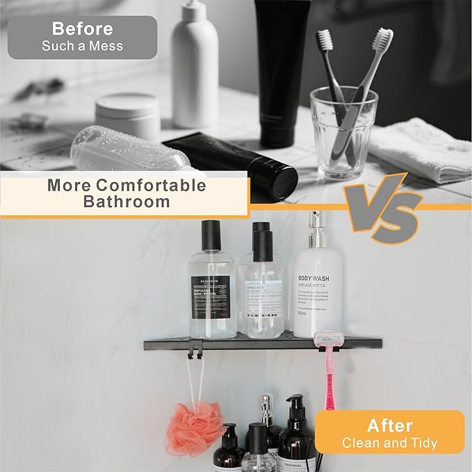 WELLUP Corner Shower Shelf with 4 Hooks,10 Inch 304 Stainless Steel Recessed Bathroom Shelves,No-Drilling Installation for Tiled Wall,Matte Black, 2-Pack