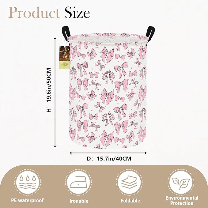 HUNRUNG Laundry Hamper,Large Canvas Fabric Lightweight Storage Basket Toy Organizer Dirty Clothes Collapsible Waterproof for College Dorms???Round-Pink Bow???