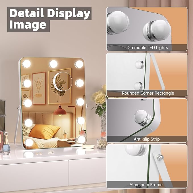 MINISO Vanity Mirror with Lights and Bluetooth Speaker- 10.6" x 13.8" Hollywood Makeup Mirror with 3 Color Lights, Smart Touch Control, Rounded Rectangle White Frame
