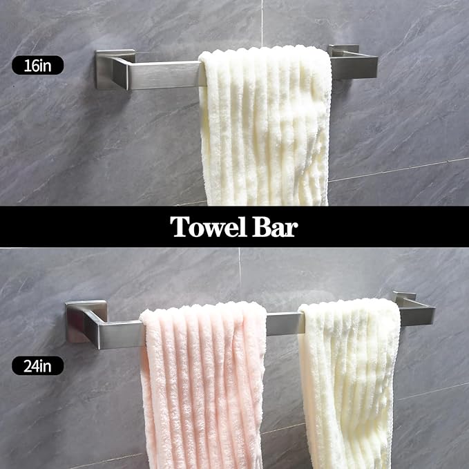 10pcs Bathroom Hardware Set, 16in Towel Bar Set, Including Square Towel Bar Square Towel Ring Toilet Paper Holder Towel Hooks, Set SUS304 Stainless Steel, Wall Mounted