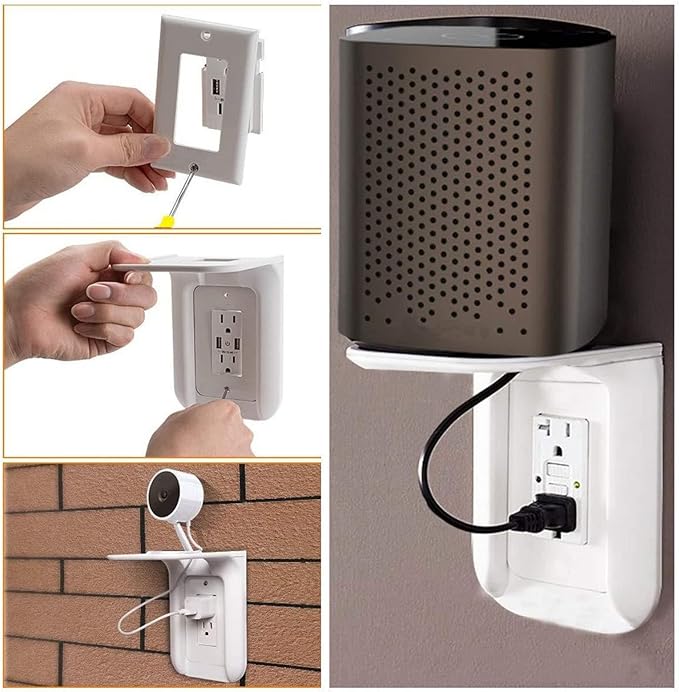 Outlet Shelf Wall Holder, Phone Charging Holder, Wall Shelf Organizer with Built in Cord Storage & Room for Bulky Plugs, Perfect for Bathroom, Kitchen